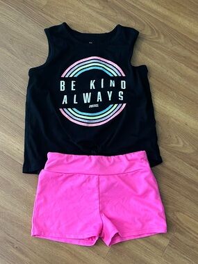 Justice super soft "Be Kind Always" Tank with Pink Active Gym/Biker Shorts 7/8